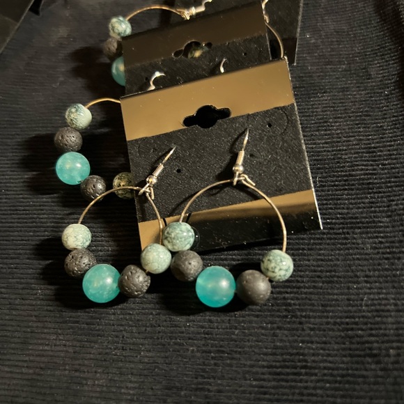 Essential Diffuser Hoop Earrings black & aqua beads and stones Handmade - Picture 2 of 2